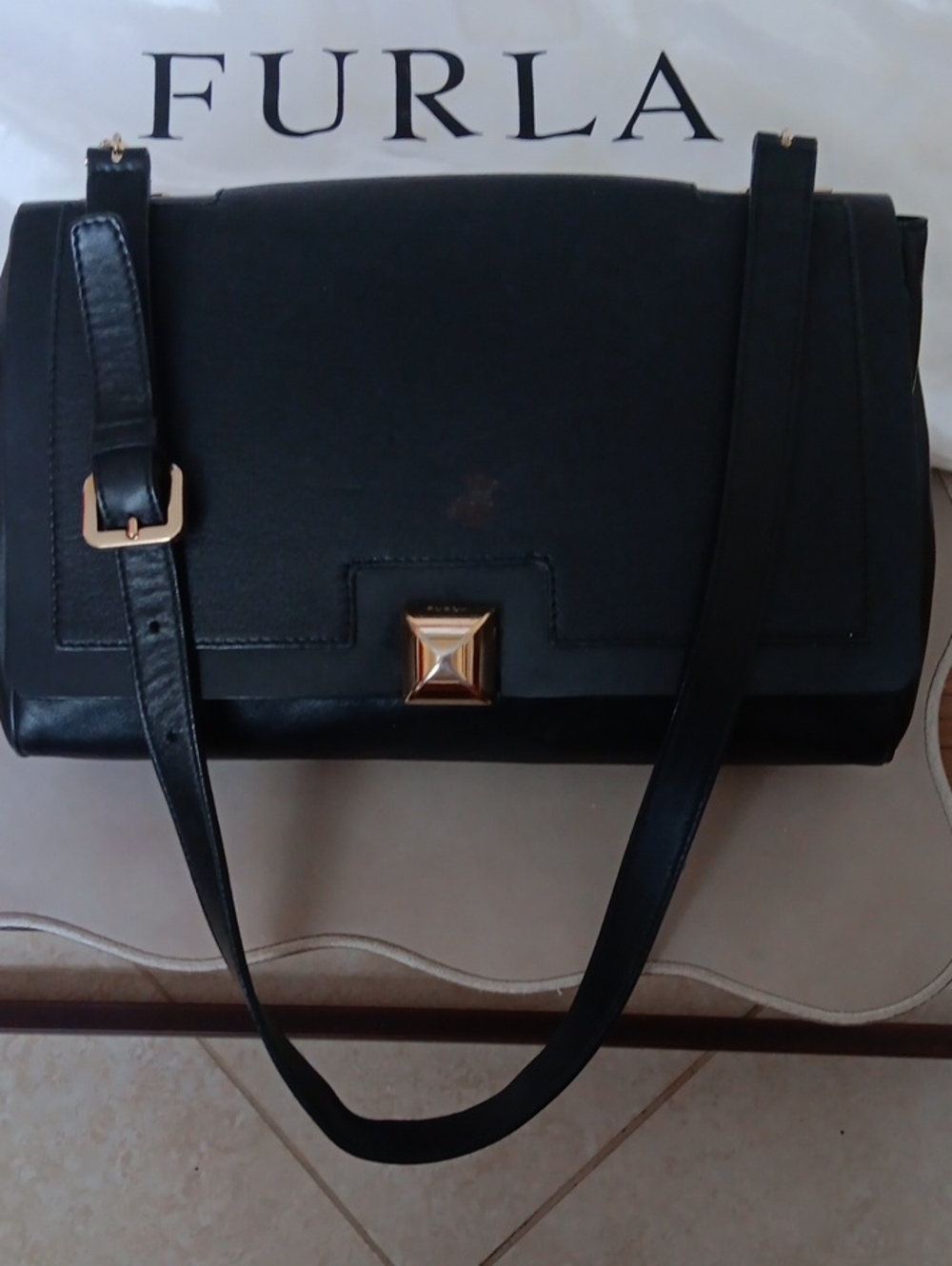 Furla Black Leather Shoulder Bag with Gold Pyramid Clasp.Preloved
